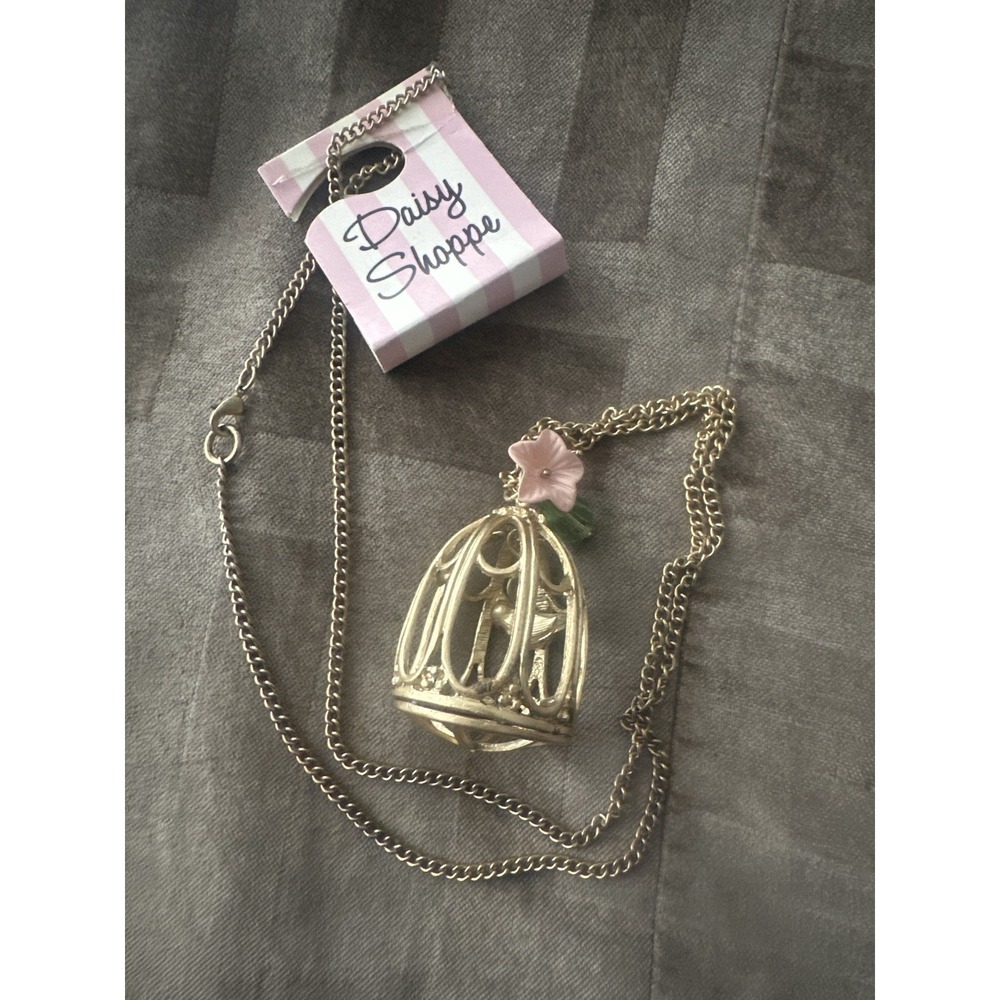 Vintage Style Daisy Shoppe Birdcage Pendant‎ Necklace Gold Tone Charms Chain